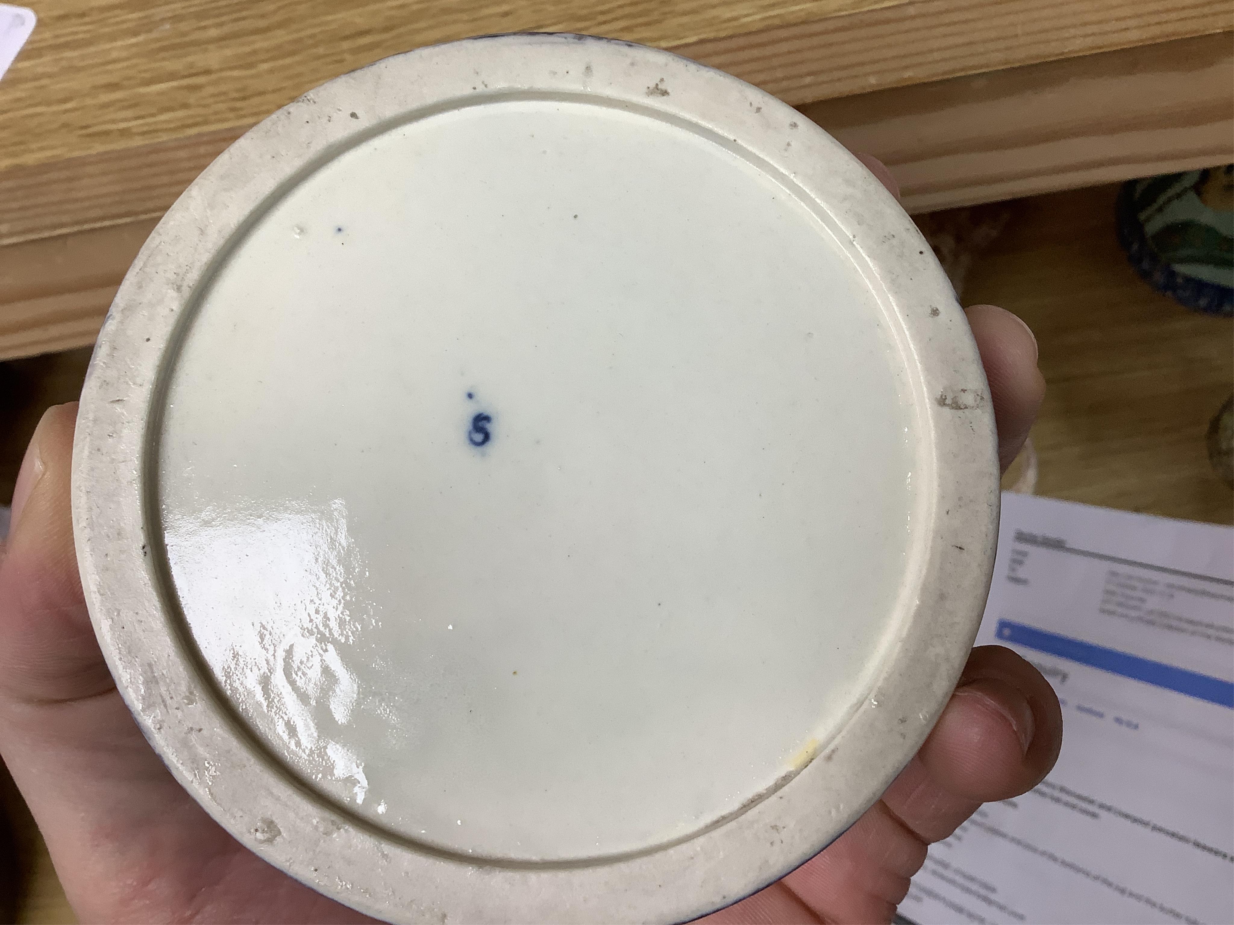 A group of 18th century Worcester and Liverpool porcelain teaware and a Caughley Cormorant fisherman butter tub and cover.